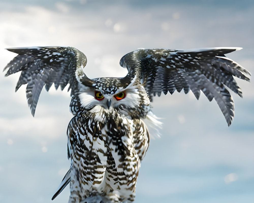 Speckled owl with yellow eyes perched on snowy surface