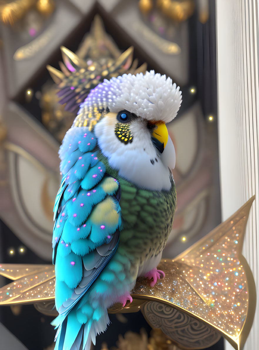 Colorful digital artwork featuring whimsical budgie with fantasy elements