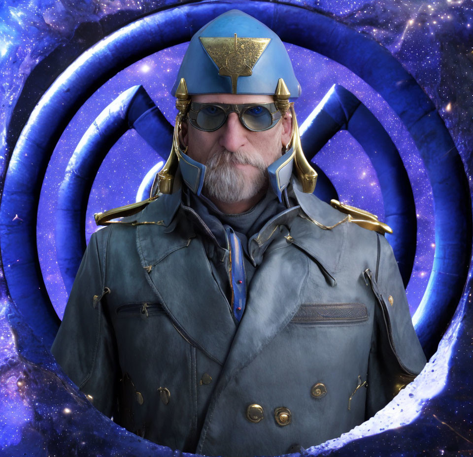 Person in costume with blue military-style cap and shoulder armor against cosmic background with swirling blue patterns