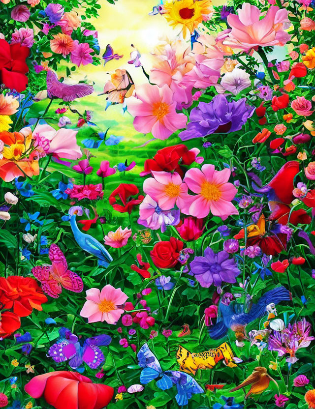 Colorful garden scene with flowers, butterflies, and bird in lush foliage