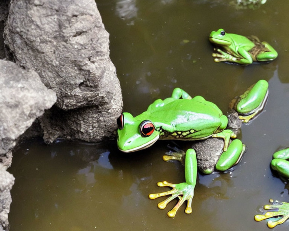 Vibrant Green Frogs with Red Eyes and Yellow Feet Resting by Murky Water