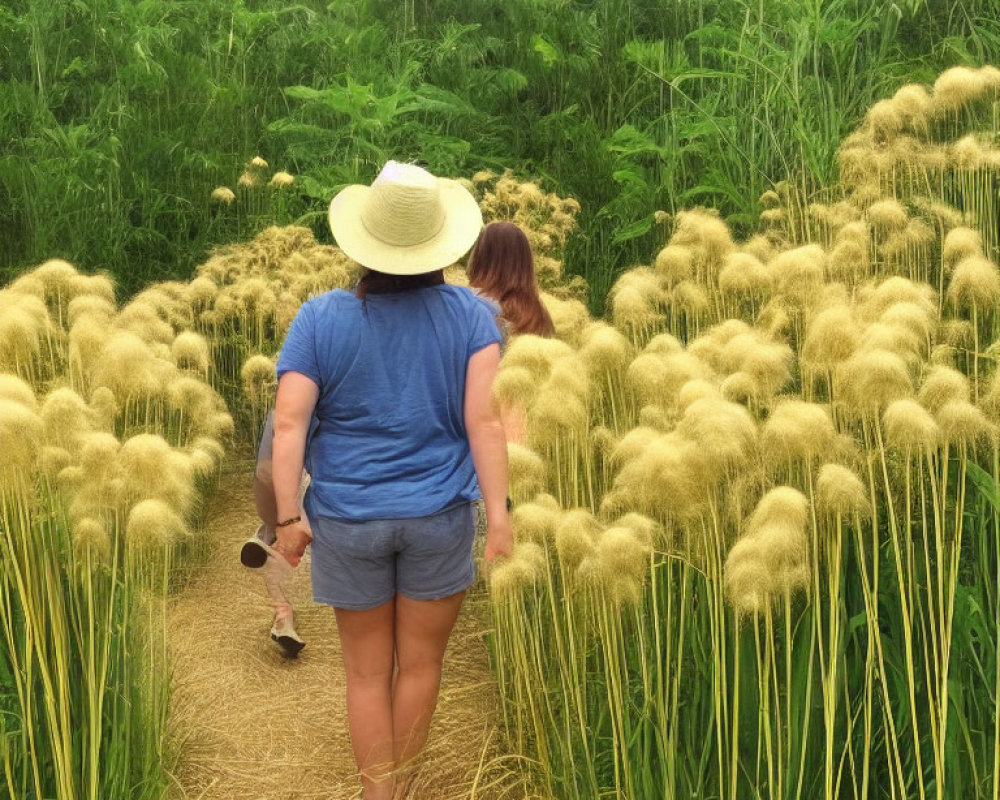 Person in Straw Hat Walking Through Path with Pampas Grass