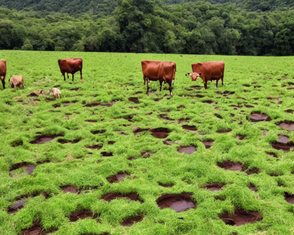 Cows grazing in lush green field with puddles and forested hill.