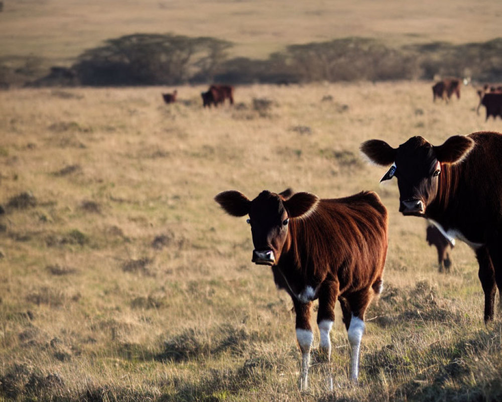 Brown cows grazing in sunlit field with clear sky