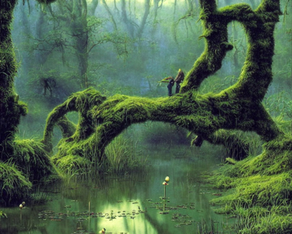 Tranquil forest landscape with mossy trees, pond, lily pads, and figure on branch