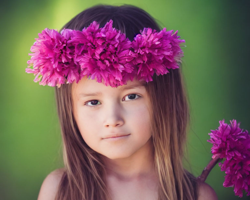 Young girl wearing a floral crown against green blur.