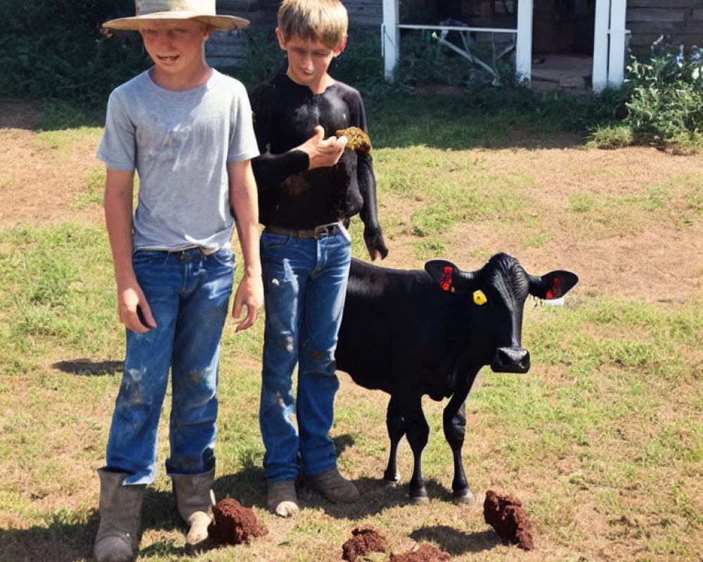 Two boys with chicken and calf in farmyard.