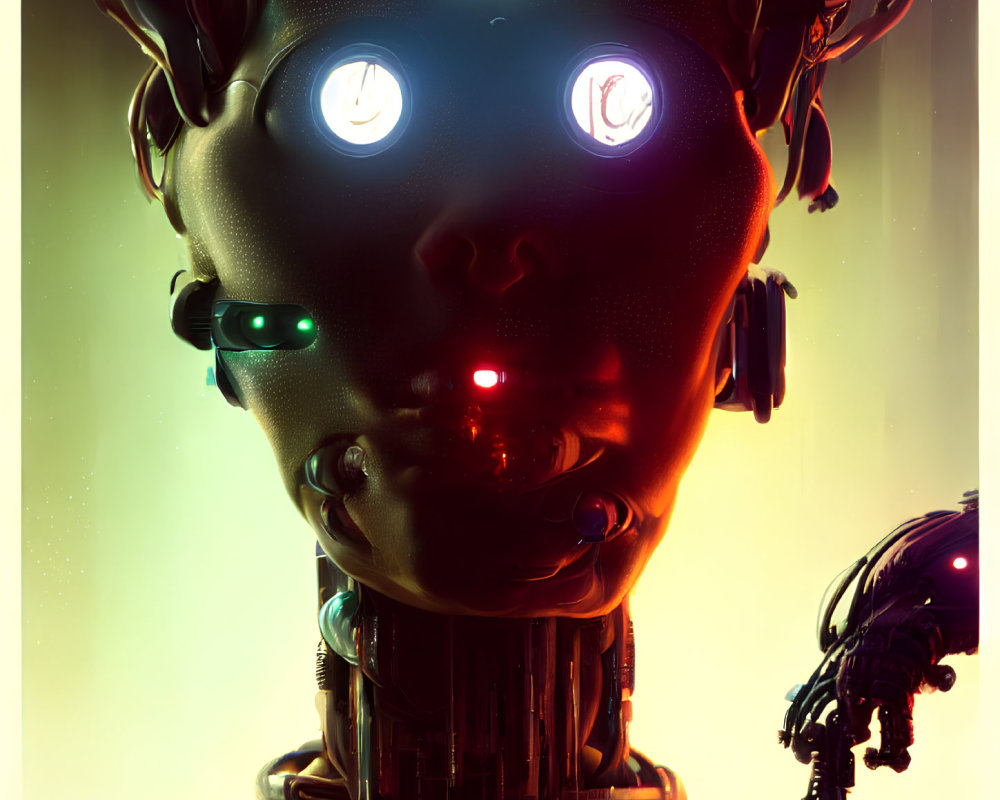 Detailed Close-Up of Futuristic Robot with Human-Like Face