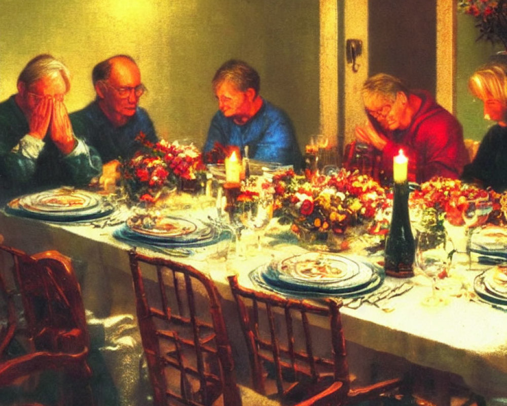 Group of People Praying at Candlelit Dining Table