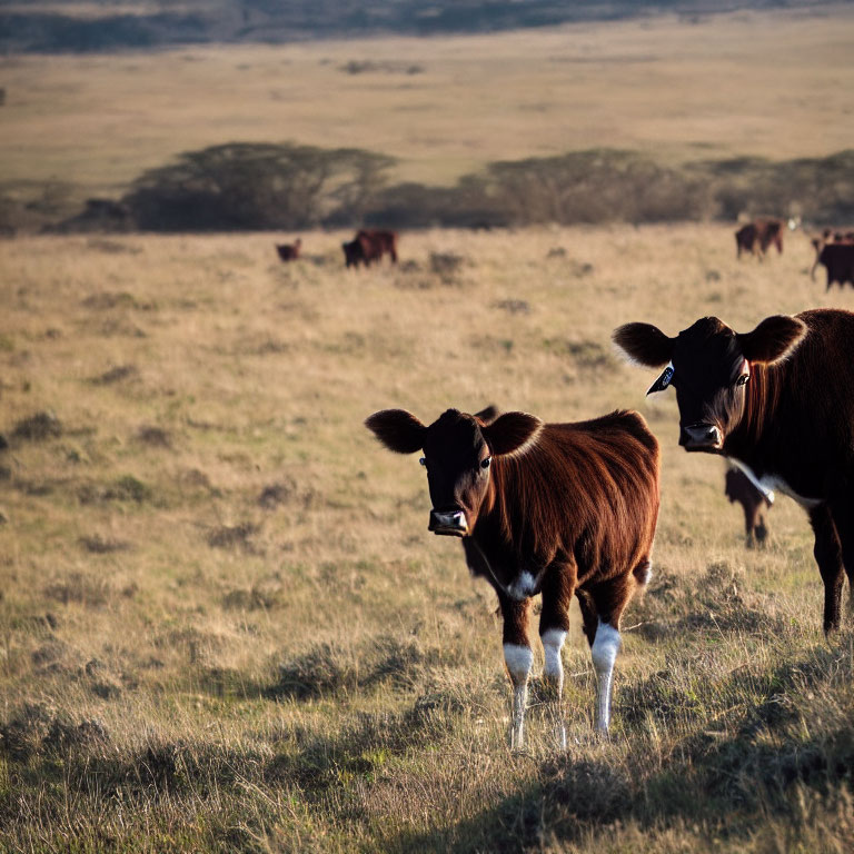 Brown cows grazing in sunlit field with clear sky