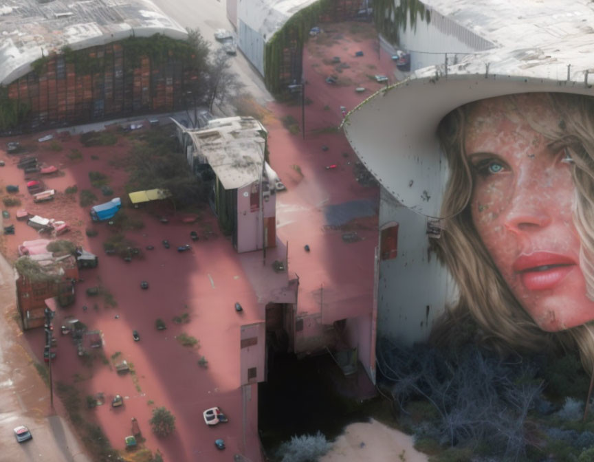 Surreal image: aerial view of parking lot with buildings & giant woman's face.