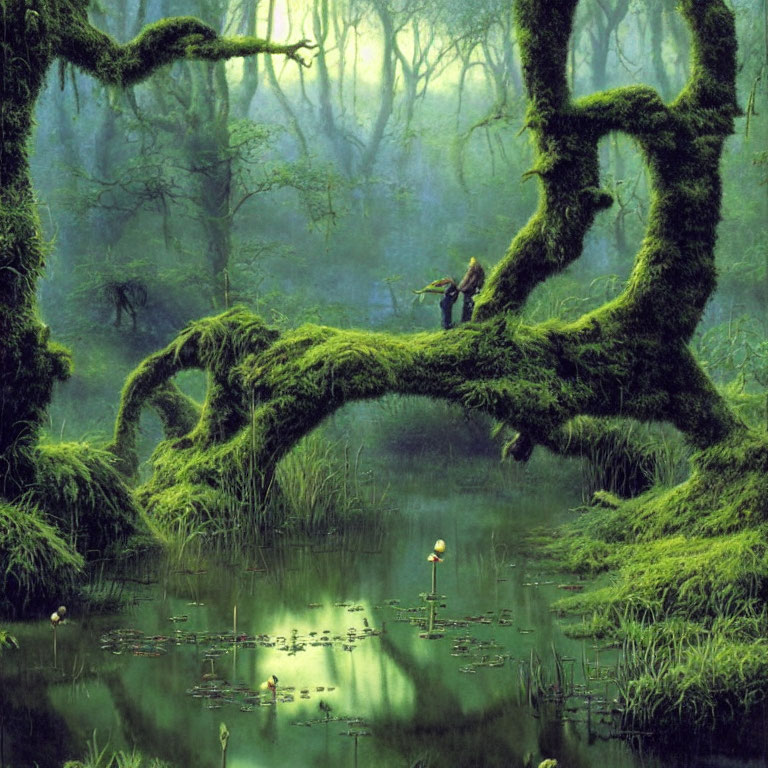 Tranquil forest landscape with mossy trees, pond, lily pads, and figure on branch