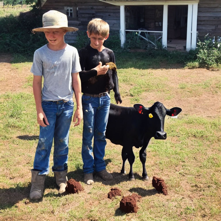 Two boys with chicken and calf in farmyard.