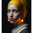 Portrait of a Woman with Yellow Headscarf and Braided Earrings on Dark Background