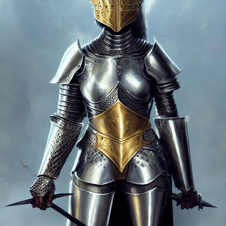 Medieval armor-clad figure with golden breastplate and sword