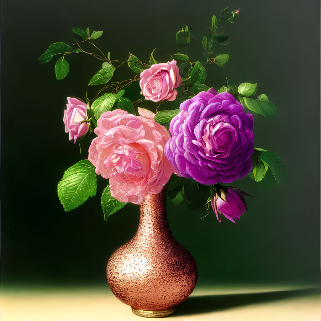 Bronze vase with pink and purple roses on dark background