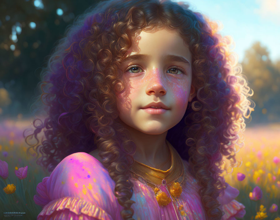 Curly-Haired Girl in Pink Dress with Golden Light and Flowers