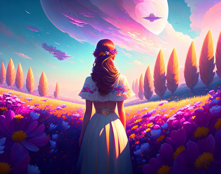 Woman in dress admires moon and spaceship in vibrant flower field