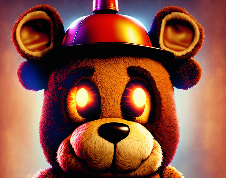 Detailed 3D illustration of a mechanical bear with glowing eyes in a red tophat