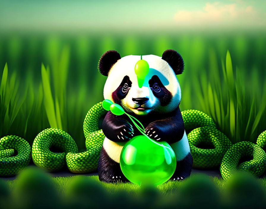 Animated panda with green snakes holding ice cream cone