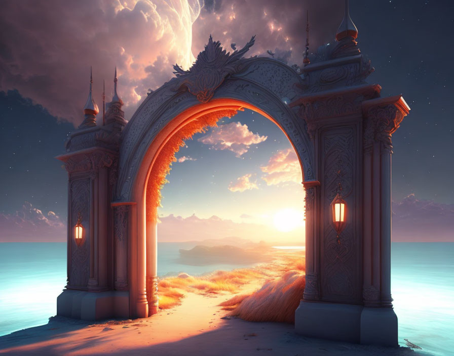 Serene beach archway with ocean view at sunset