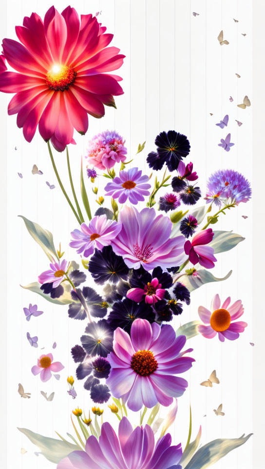 Colorful Illustrated Flowers and Butterflies on White Background