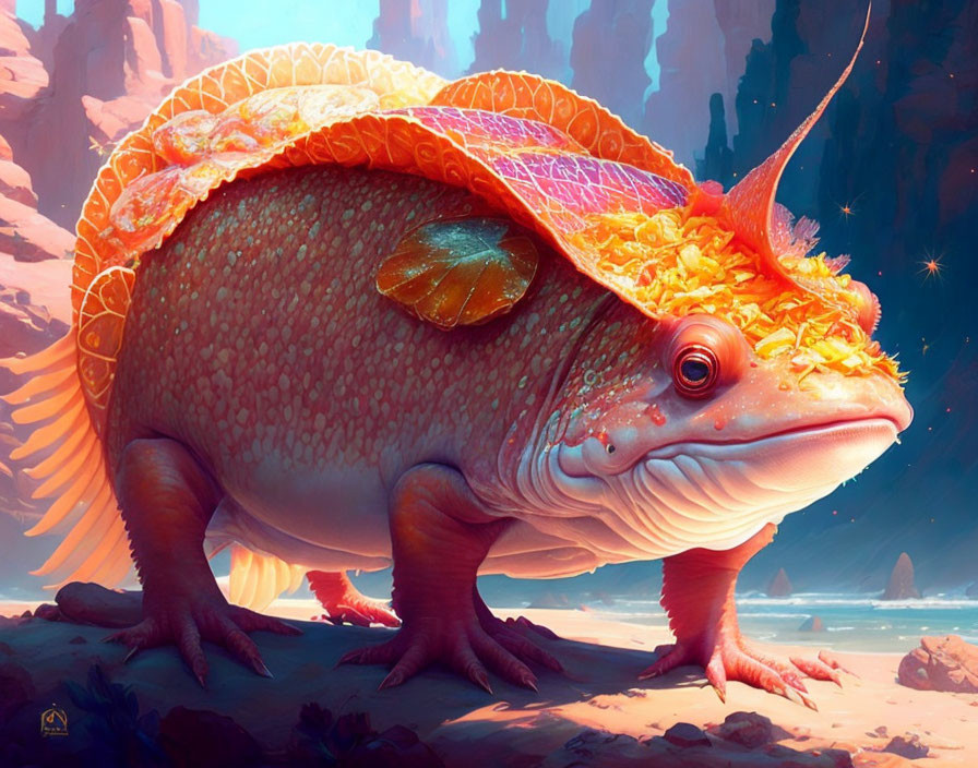 Whimsical fish-lizard creature with orange scales in fantasy desert scene