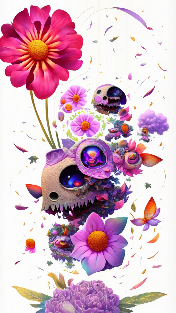 Colorful Floral Skulls, Petals, and Butterflies Artwork