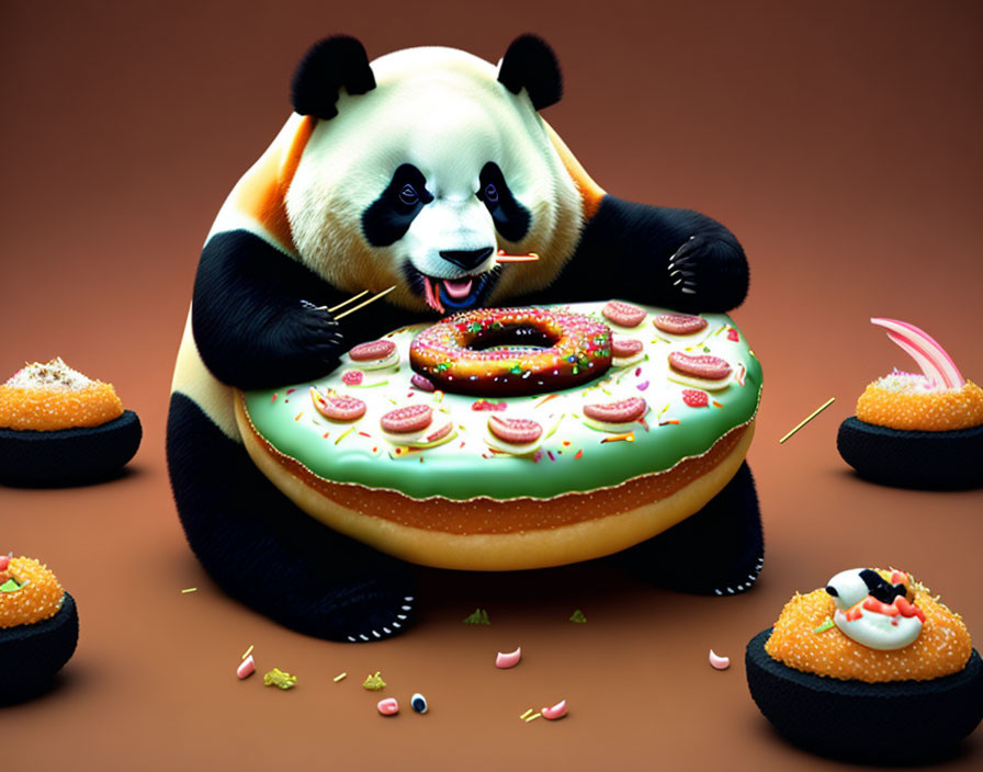 Colorful Panda Bear Illustration Eating Doughnut Among Sweets