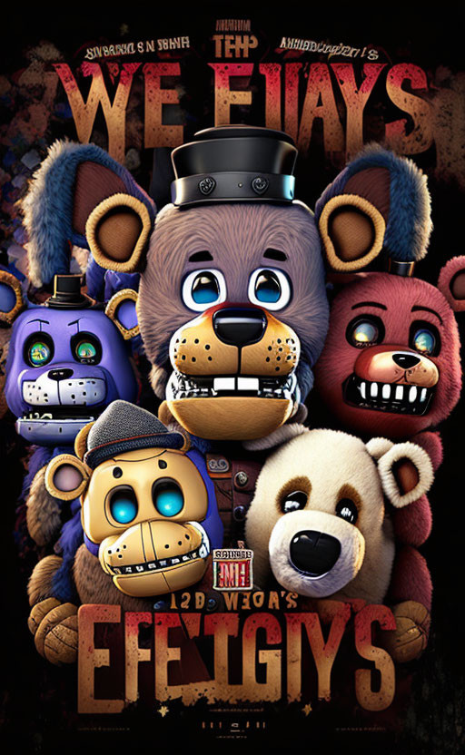 Four eerie cartoonish animatronic characters on dark background poster.