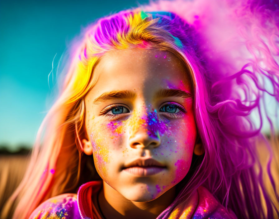 Vibrant hair and face paint on young girl with striking blue eyes