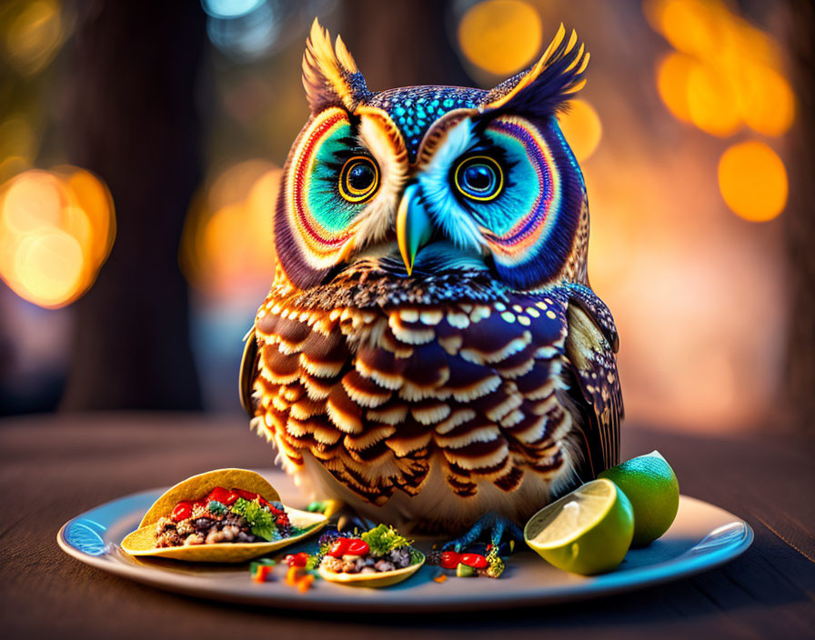 Colorful Owl Next to Tacos on Plate with Warm Lights