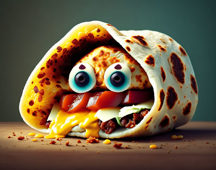 Whimsical breakfast burrito with googly eyes and bacon