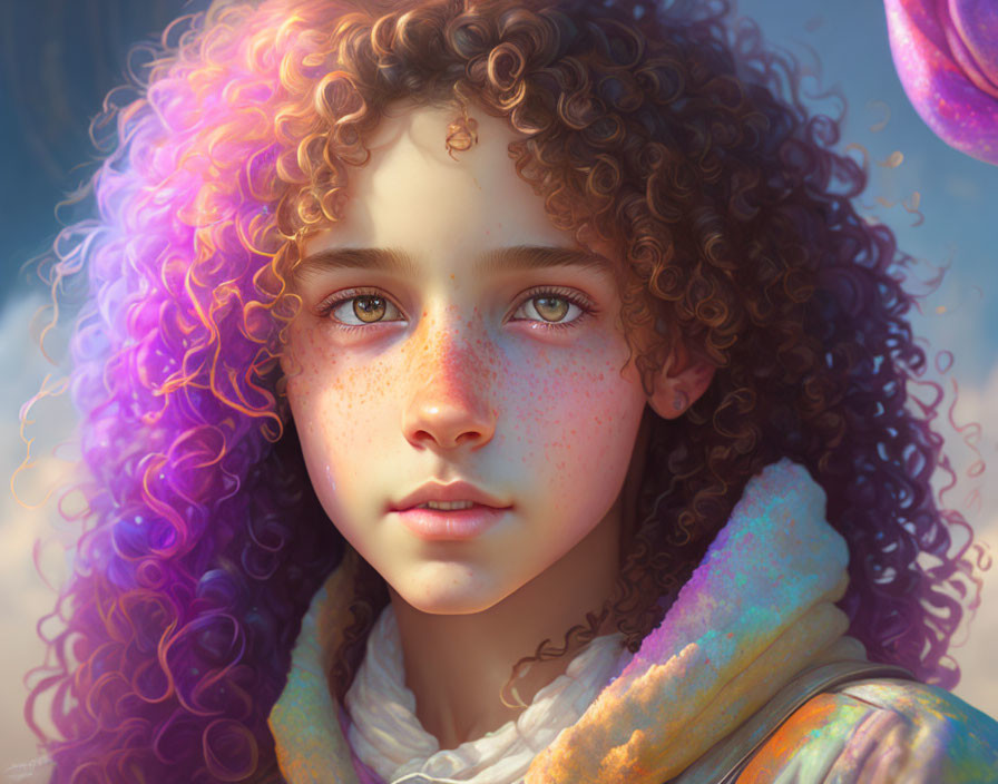 Young person with curly hair and freckles in soft lighting and colorful palette.