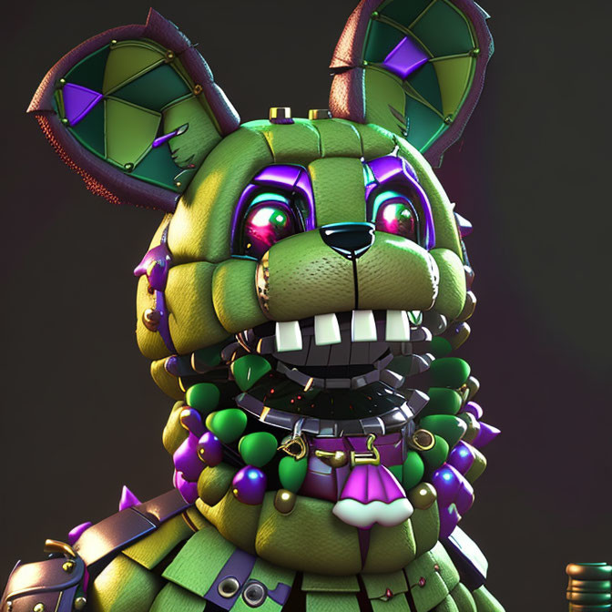 Cartoon-style 3D-rendered animatronic rabbit with glowing eyes and spiked collar