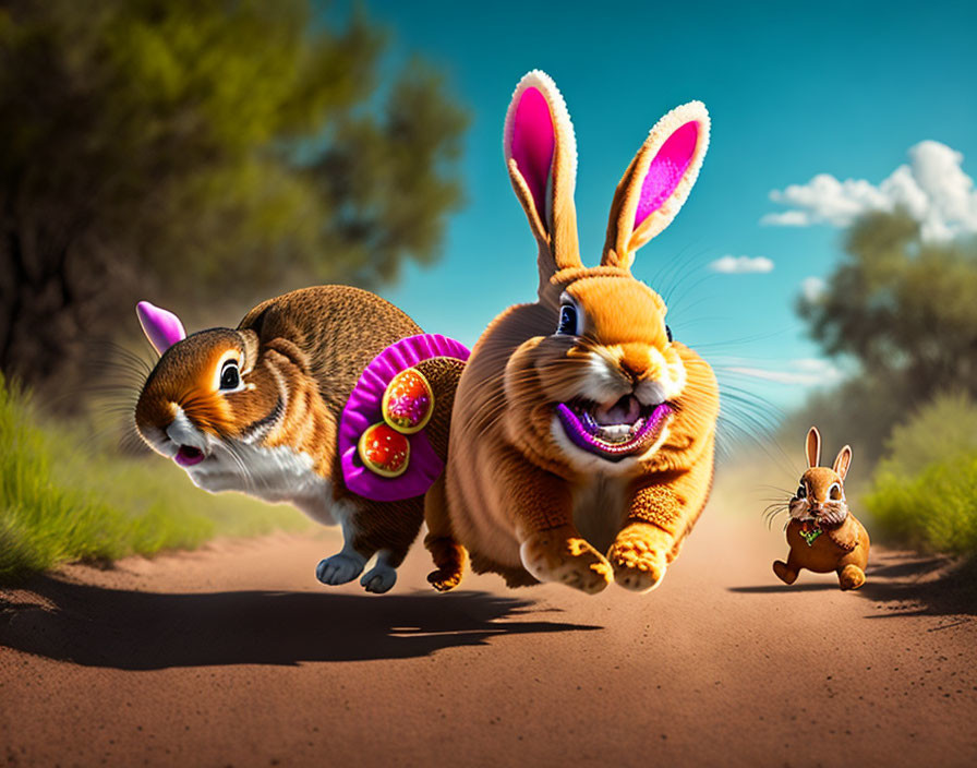 Animated rabbits race on dirt path with one wearing purple backpack with Easter eggs in sunny grassy landscape