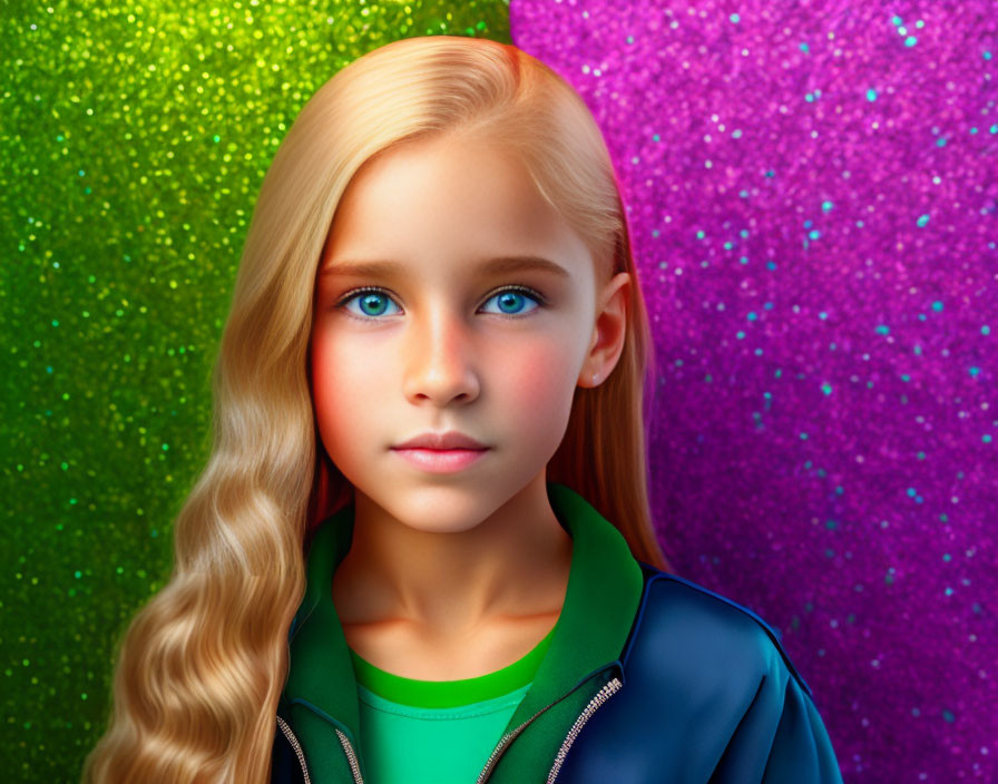 Young girl with blonde hair and blue eyes on glittery background