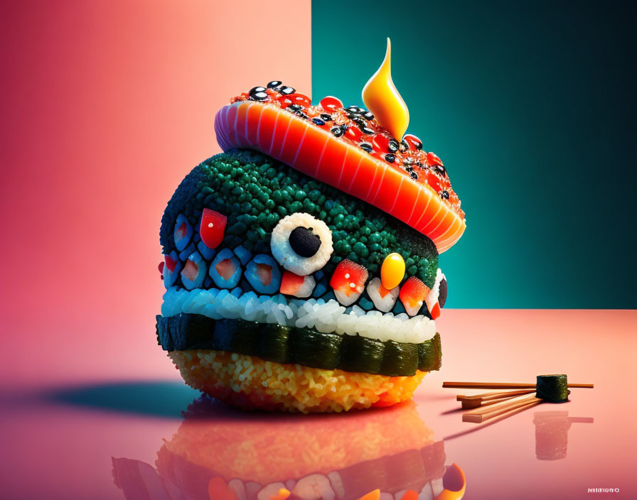 Colorful Sushi Character with Flame and Chopsticks on Vibrant Background