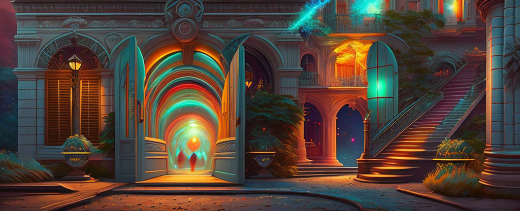 Glowing rainbow archways in mystical palace night sky