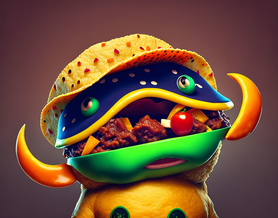 Illustration of a whimsical cheeseburger creature with pickle tongue and olive eyes