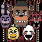 Four eerie cartoonish animatronic characters on dark background poster.