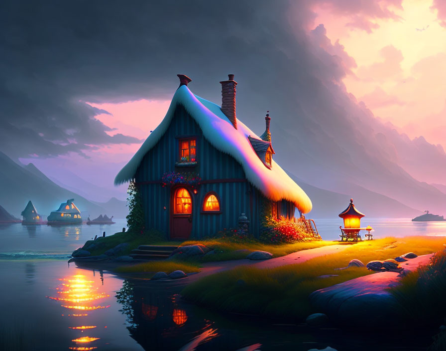 Snow-tipped cottage by serene lake at twilight