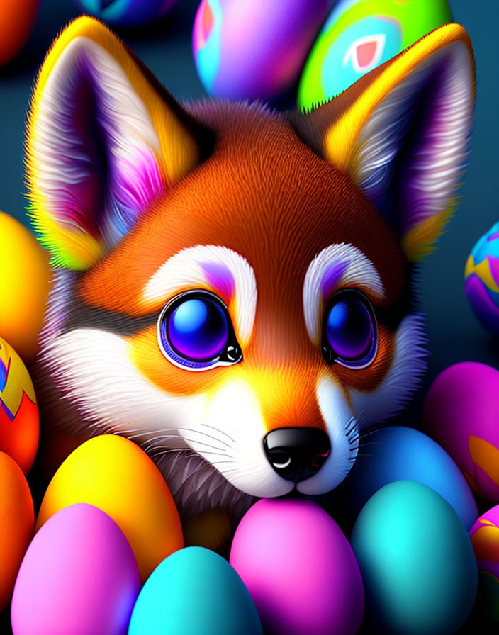 Colorful Easter Eggs Surround Cute Fox Illustration