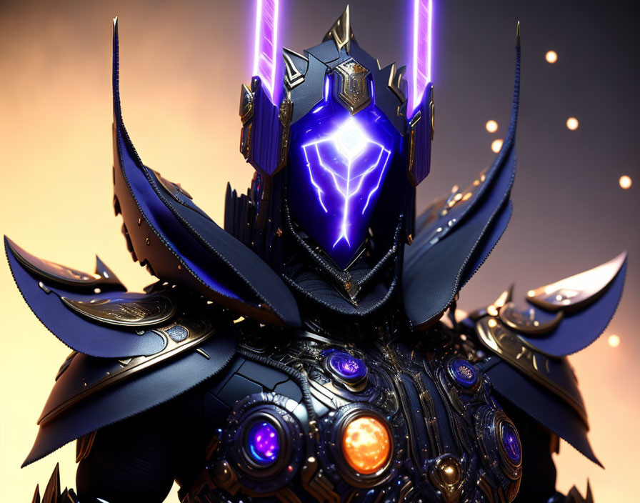 Futuristic armored figure with glowing purple visor and intricate metallic plates