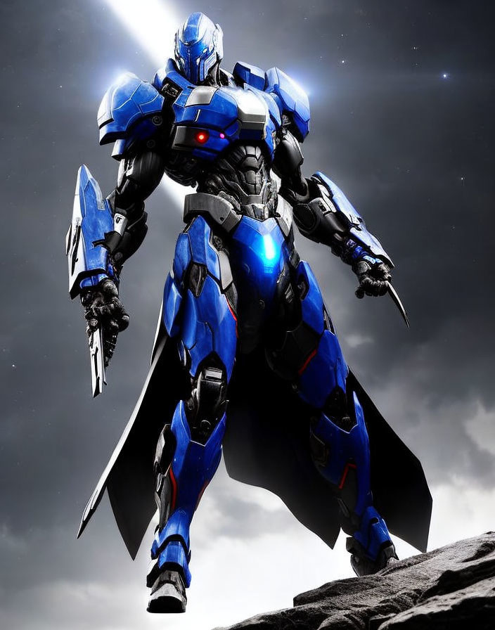 Futuristic blue and black armored mech on rocky terrain under dramatic sky