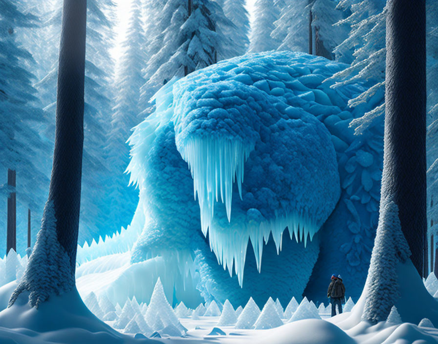 Enormous icy beast with sharp icicle teeth in snowy forest landscape