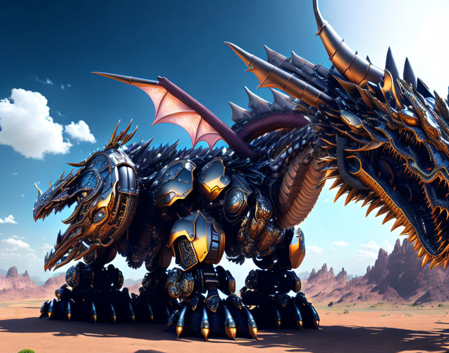 Mechanical dragon digital art in desert landscape