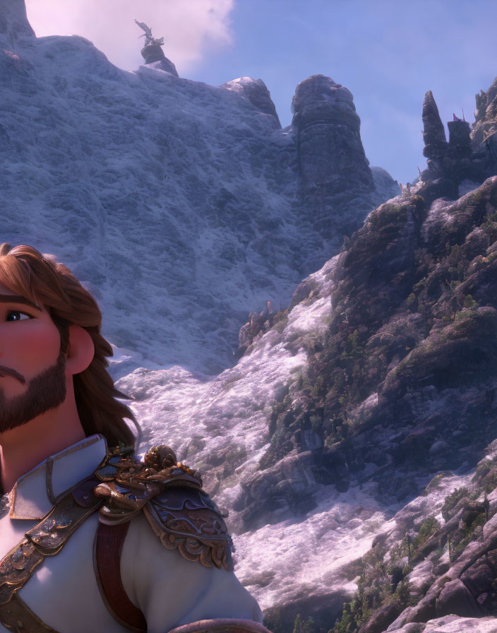 Character with beard in armor gazing at statue on mountain peak