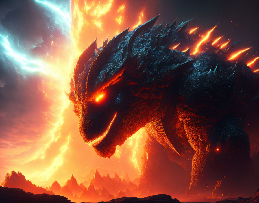 Glowing dragon in volcanic landscape under lightning-filled sky