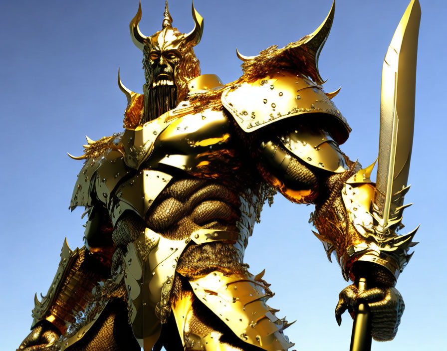 Armored demonic figure with horns and sword against blue sky